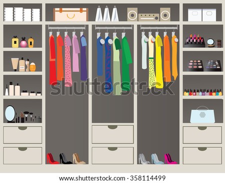 Flat Design walk in closet with shelves for accessories and cosmetic make up, interior design, Clothing store, Boutique indoor of woman's cloths, conceptual Vector illustration.