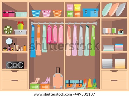 Flat Design walk in closet with shelves for accessories and cosmetic make up, interior design, Clothing store, Boutique indoor of woman's cloths, conceptual Vector illustration.
