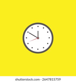 Flat Design Wall Clock Icon Showing Time with Hour, Minute, and Second Hands on Yellow Background – Minimalist Vector Illustration for Time Management, Schedule, and UI Design