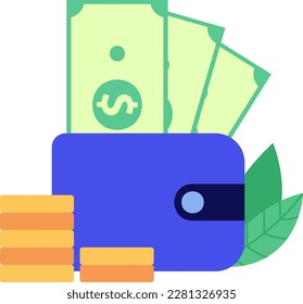 Flat design wallet with dollar banknotes and coins. Cash in purse. Money saving concept. Business financial investment. Online payment and cashback. E-Commerce. Vector illustration