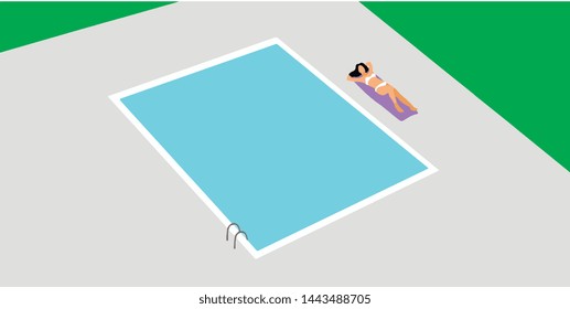 flat design wallpaper background. the girl lies near the summer pool. view from above