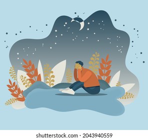 flat design wallpaper. the guy sits among the hills and plant elements under the night sky with the moon and stars. vector