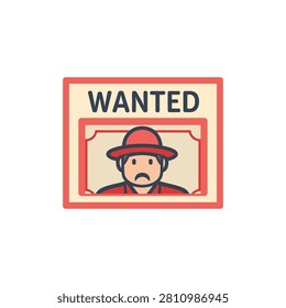 A flat design wanted poster featuring a distressed cowboy's portrait with simple bold graphic style. Perfect for historical themes and crime deterrence messaging.
