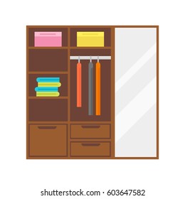 Flat design wardrobe of cupboard icon isolated vintage lifestyle retro larder with shelves and storage box interior design vector illustration.