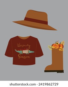 Flat Design Warming Season Illustration with T-Shirt, Boot at Pumpkin, Hat