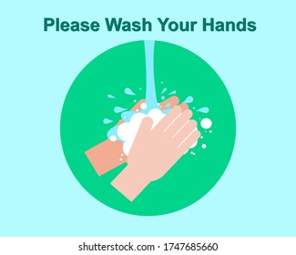 Flat Design Wash your hands icon with water and soap foam for Coronavirus (COVID-19) Prevent and Protect Concept. Use for Graphic, Vector illustrations, ad, artwork, template.