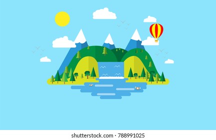 flat design water fall with mountain ,balloon and bird flying in the sky,flat concept