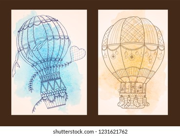Flat design of watercolor page for notes, weekly and to do list in top view. Sketchbook, coloring book, diary or bullet journal mockup. Vector illustration of detailed air ballon.
