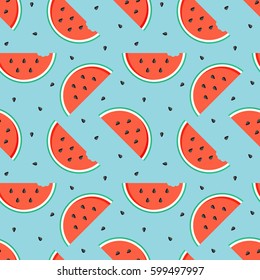 Flat design watermelon slices with seeds colorful seamless pattern background.