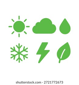 Design Plano Ícone de Previsão do Tempo Definido com Sol, Nuvem, Chuva, Floco de Neve, Raio e Folha Verde