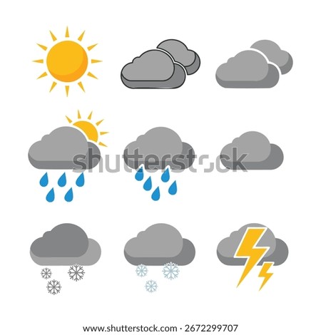 Flat design weather icons including sun, clouds, rain, snow, and lightning. Simple, colorful vector set perfect for app UI, websites, infographics, and digital weather projects.