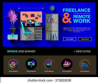 Flat design of web banner of business freelance and outsource working service, remote co-working space. Modern bright vector illustration concept for website or infographics.