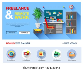 Flat design of web banner of business freelance and outsource working service, remote co-working space. Modern bright vector illustration concept for website or infographics.