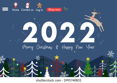 Flat design web banner of ‘Merry Christmas and Happy New Year 2022’ with cute Santa Claus, Snowman, Gingerbread and flying reindeer characters in starry pine forest night background.