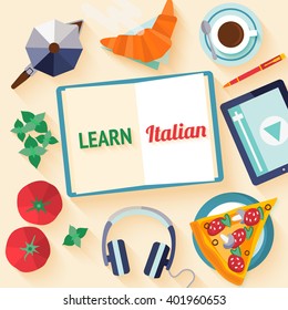 Flat design web banner for italian language courses with icons of pizza, coffee, croissant, basil, tomato - typical symbols of Italian cuisine. Concept for  web banner, header website or newsletter.