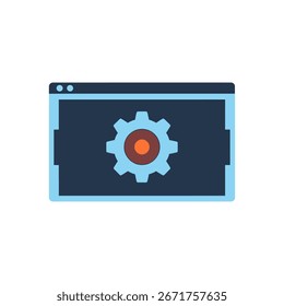 Flat design of a web browser window with a gear icon, suggesting settings or configuration.