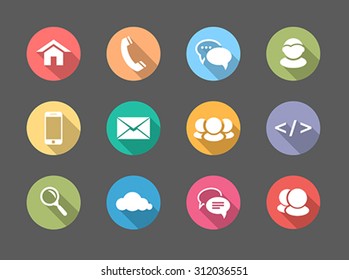 Flat design web, communication icons: internet. Colorful circles with icons and symbols. Icons for applications, web design and prints.  Vector illustration