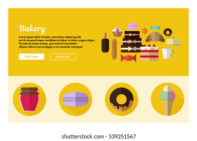 Flat design of web header template with flat icons of bakery. Modern vector illustration concept for websites. Infographics vector illustration