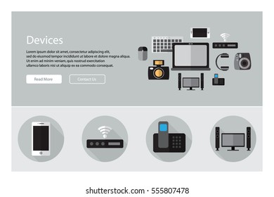 Flat design of web header template with flat icons of devices. Modern vector illustration concept for websites. Infographics vector illustration