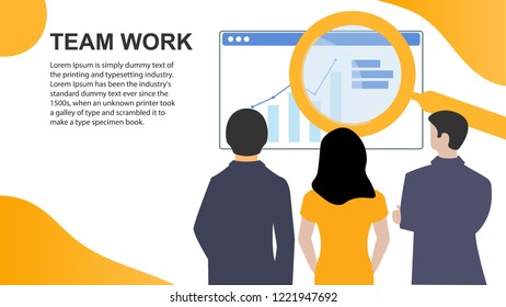 Flat design web landing page. Business analytics women and two men. Modern concepts for website and mobile website development. Vector illustration.