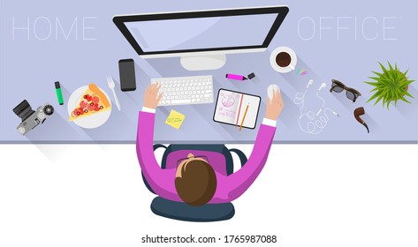 Flat design web page concept for creative business process and business strategy, teamwork. Trendy vector illustration home office and outsource mock up for website and mobile app.