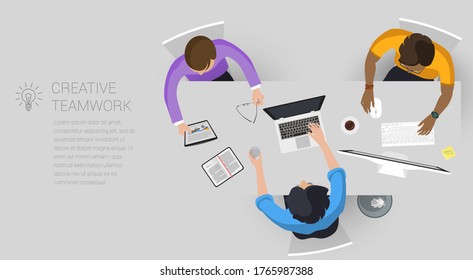 Flat design web page concept for creative business process and business strategy, teamwork. Trendy vector illustration home office and outsource mock up for website and mobile app.