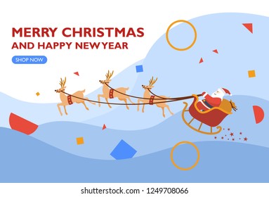 Flat design web page, Illustration of Santa on his sleigh with reindeer, Vector