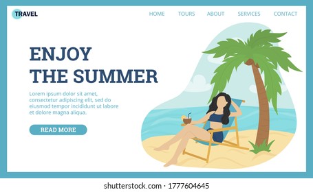 Flat design web page  of summer vacation, travel destination, nature, tourism. A girl sunbathes on a deck chair on the seashore.
Modern vector illustration concepts for websit development.