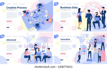 Flat design  web page template set for creative business  process and  business strategy. Trendy vector  illustration concept for website and mobile app.