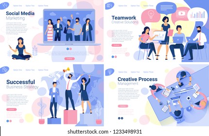 Flat design  web page template set for creative business  process and  business strategy. Trendy vector  illustration concept for website and mobile app.