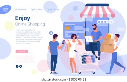 Diseño plano de plantilla de página web para compras, tiendas, tiendas en línea, con personajes jóvenes y mujeres listos para animar. Concepto moderno de ilustración vectorial para sitio web y aplicación móvil.