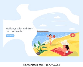 Plantillas de páginas web de diseño plano de vacaciones de verano. Una mujer con un niño tomando el sol en la playa. vector de estilo de diseño.	