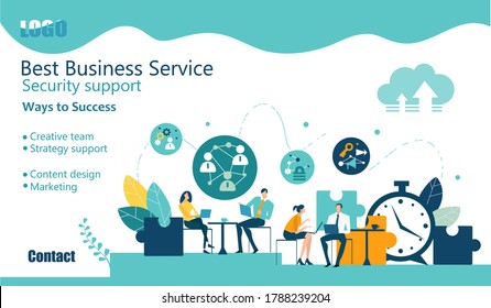 Flat Design Website Or App Page Template. Financial Services, Banking, Strategic Planning, Development, Business Solutions, Consulting, Market Research, Teamwork, Data Analyse, Support, Security