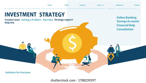 Flat design website or app page template. Financial services, banking, strategic planning, development, business solutions, consulting, market research, teamwork, data analyse, support, security