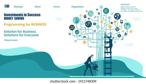 Flat design website or app page template. Financial services, banking, strategic planning, development, business solutions, consulting, market research, teamwork, data analyse, support, security
