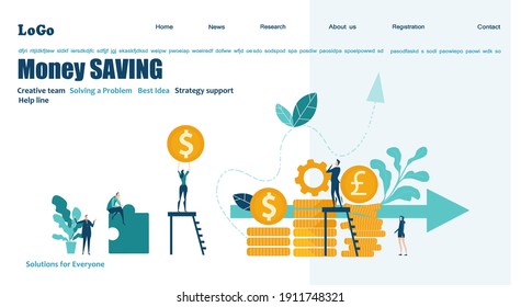Flat design website or app page template. Financial services, banking, strategic planning, development, business solutions, consulting, market research, teamwork, data analyse, support, security
