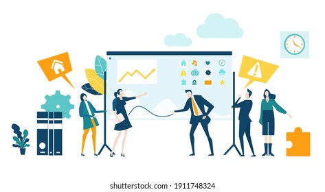 Sitio web de diseño plano o plantilla de página de aplicación. Servicios financieros, banca, planificación estratégica, desarrollo, soluciones empresariales, consultoría, investigación de mercado, trabajo en equipo, análisis de datos, apoyo, seguridad
