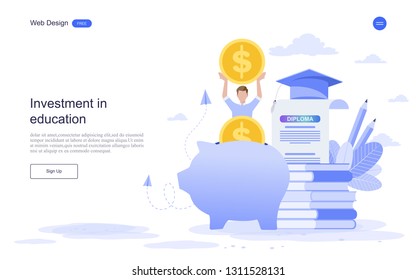 Flat  design website banner of investment in knowledge, student loans, scholarships.money,savings for study.Vector illustration. 