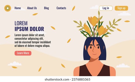 Flat design website landing page template with a portrait of a woman with a bouquet of flowers. Mental health concept. Vector illustration.