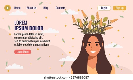 Flat design website landing page template with a portrait of a woman with a bouquet of flowers. Mental health concept. Vector illustration.