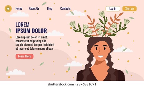 Flat design website landing page template with a portrait of a woman with a bouquet of flowers. Mental health concept. Vector illustration.
