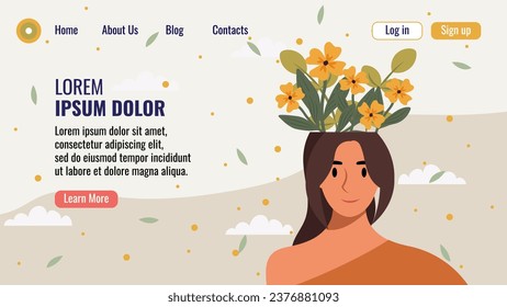 Plantilla de página de aterrizaje de un sitio web de diseño plano con un retrato de una mujer con un ramo de flores. Concepto de salud mental. Ilustración vectorial.