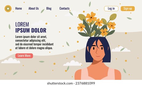 Flat design website landing page template with a portrait of a woman with a bouquet of flowers. Mental health concept. Vector illustration.