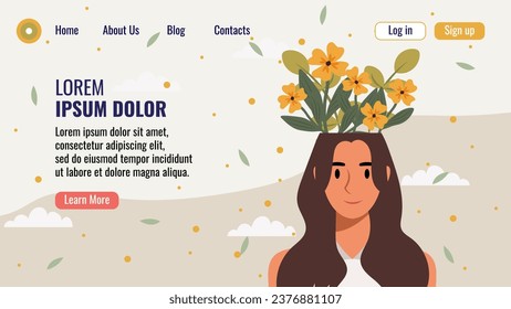 Flat design website landing page template with a portrait of a woman with a bouquet of flowers. Mental health concept. Vector illustration.