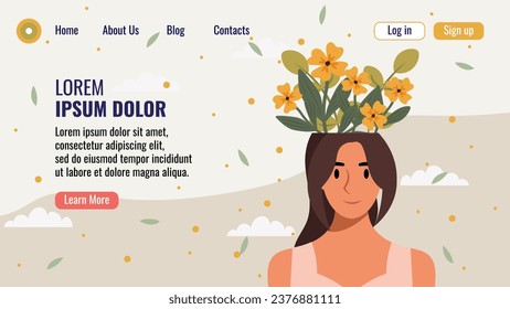 Flat design website landing page template with a portrait of a woman with a bouquet of flowers. Mental health concept. Vector illustration.