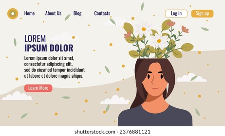 Flat design website landing page template with a portrait of a woman with a bouquet of flowers. Mental health concept. Vector illustration.