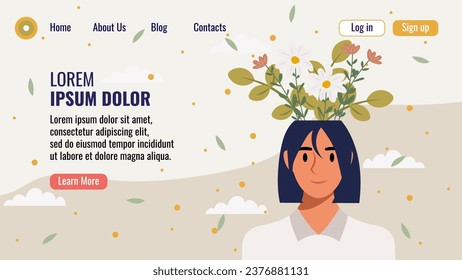 Flat design website landing page template with a portrait of a woman with a bouquet of flowers. Mental health concept. Vector illustration.