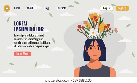 Flat design website landing page template with a portrait of a woman with a bouquet of flowers. Mental health concept. Vector illustration.
