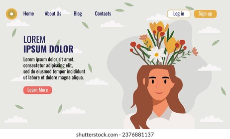 Plantilla de página de aterrizaje de un sitio web de diseño plano con un retrato de una mujer con un ramo de flores. Concepto de salud mental. Ilustración vectorial.