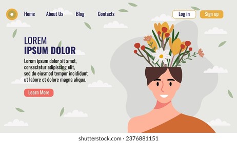 Flat design website landing page template with a portrait of a woman with a bouquet of flowers. Mental health concept. Vector illustration.